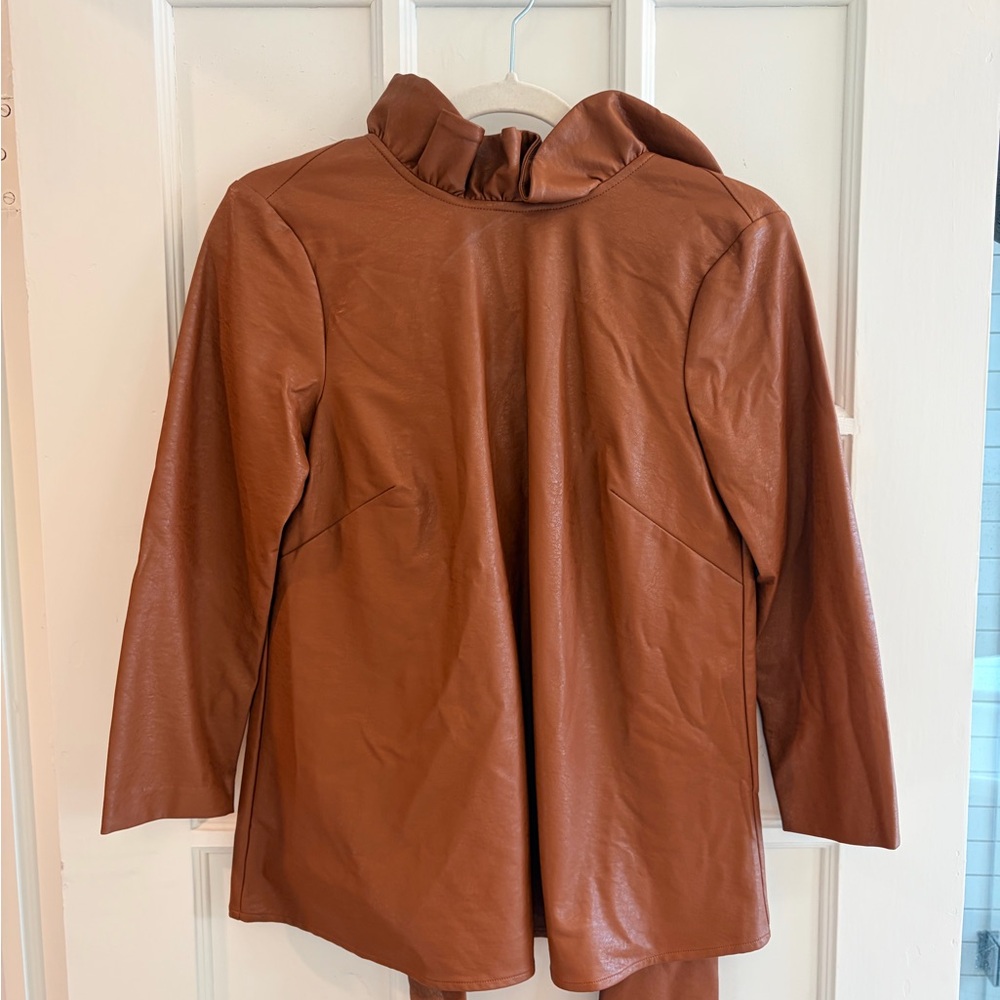 Tuckernuck Rust Brown Faux Leather Top with Ruffled Collar